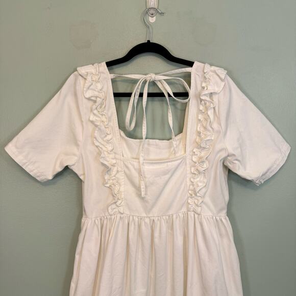 ASOS Design Denim Mini Dress Womens 14 White Square Neck Frill Smock Babydoll - Picture 9 of 13